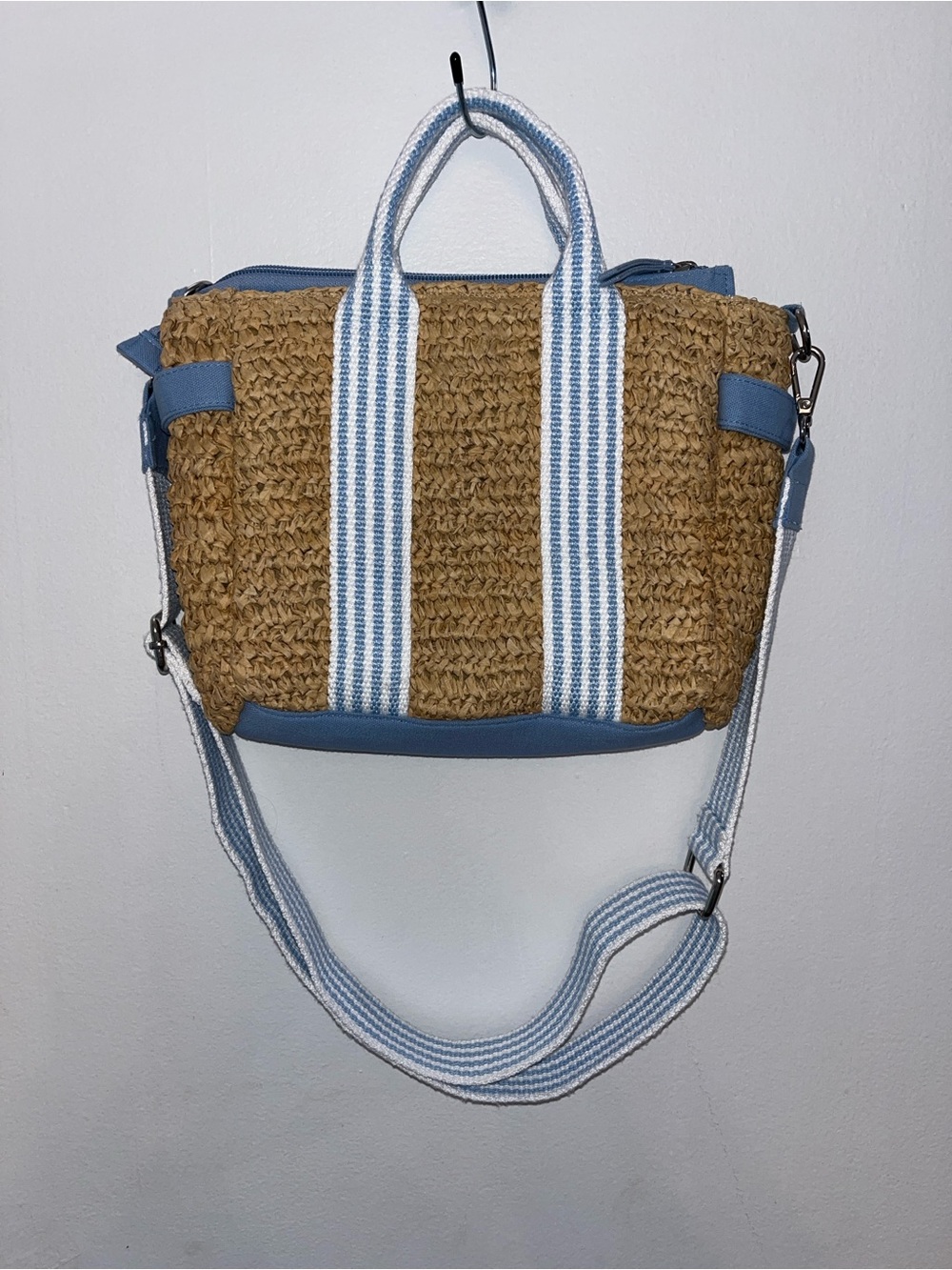Antik Kraft Woven Straw Crossbody with Light Blue Trim and Striped Strap